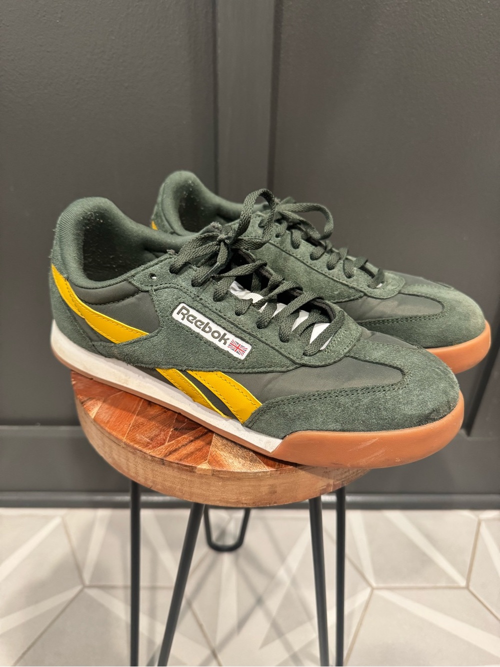 Reebok Men's Green Suede Sneakers with Yellow Stripes